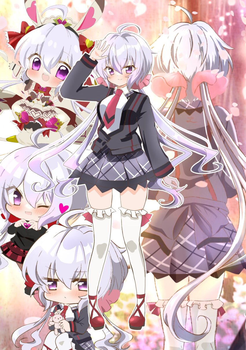 1girl absurdres ahoge animal_ears ayuko_735 breasts chibi flower grey_hair hair_between_eyes heart highres looking_at_viewer medium_breasts necktie purple_eyes rabbit_ears red_footwear red_necktie school_uniform senki_zesshou_symphogear sidelocks solo thighhighs tree twintails white_thighhighs yukine_chris