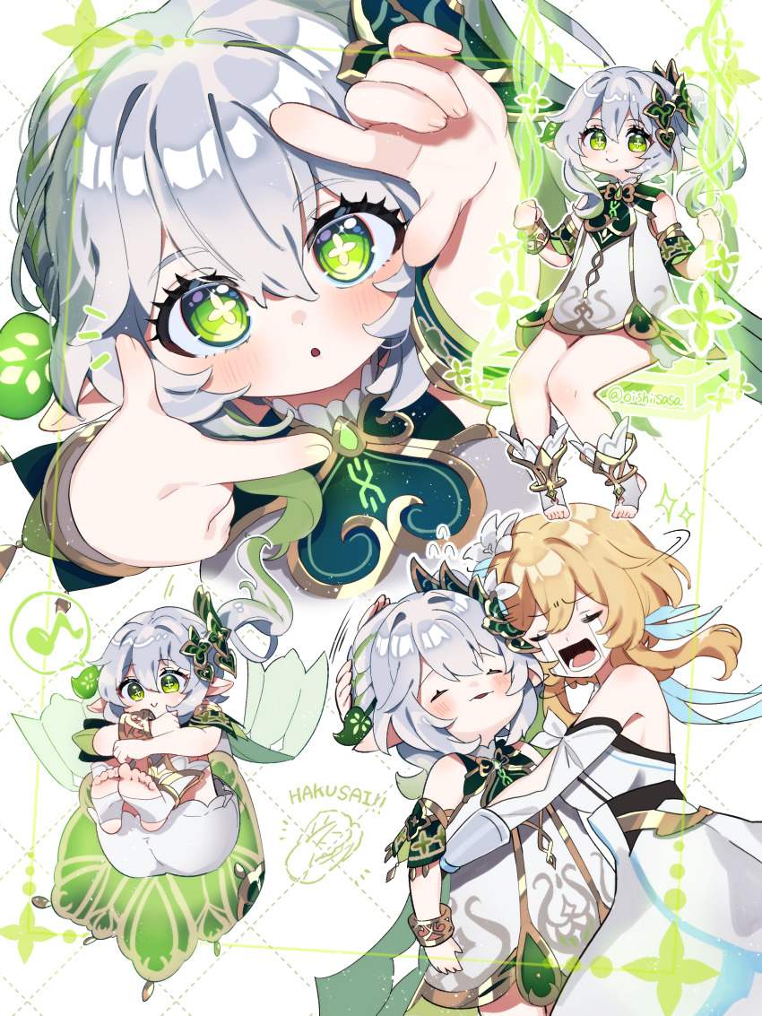 absurdres bare_shoulders blonde_hair bloomers blush bracelet braid cape closed_eyes commentary_request cross-shaped_pupils crying detached_sleeves dress eyelashes finger_frame flower genshin_impact green_eyes green_hair green_sleeves grey_hair hair_between_eyes hair_flower hair_ornament happy happy_tears highres hug inteyvat_flower_(genshin_impact) jewelry jumping leaf_hair_ornament legs long_hair looking_at_viewer lumine_(genshin_impact) magic multiple_views musical_note nahida_(genshin_impact) oishii_sasa open_hand open_mouth pointy_ears short_hair_with_long_locks side_braid sidelocks sitting smile spoken_musical_note swing symbol-shaped_pupils tears underwear white_bloomers white_dress white_flower