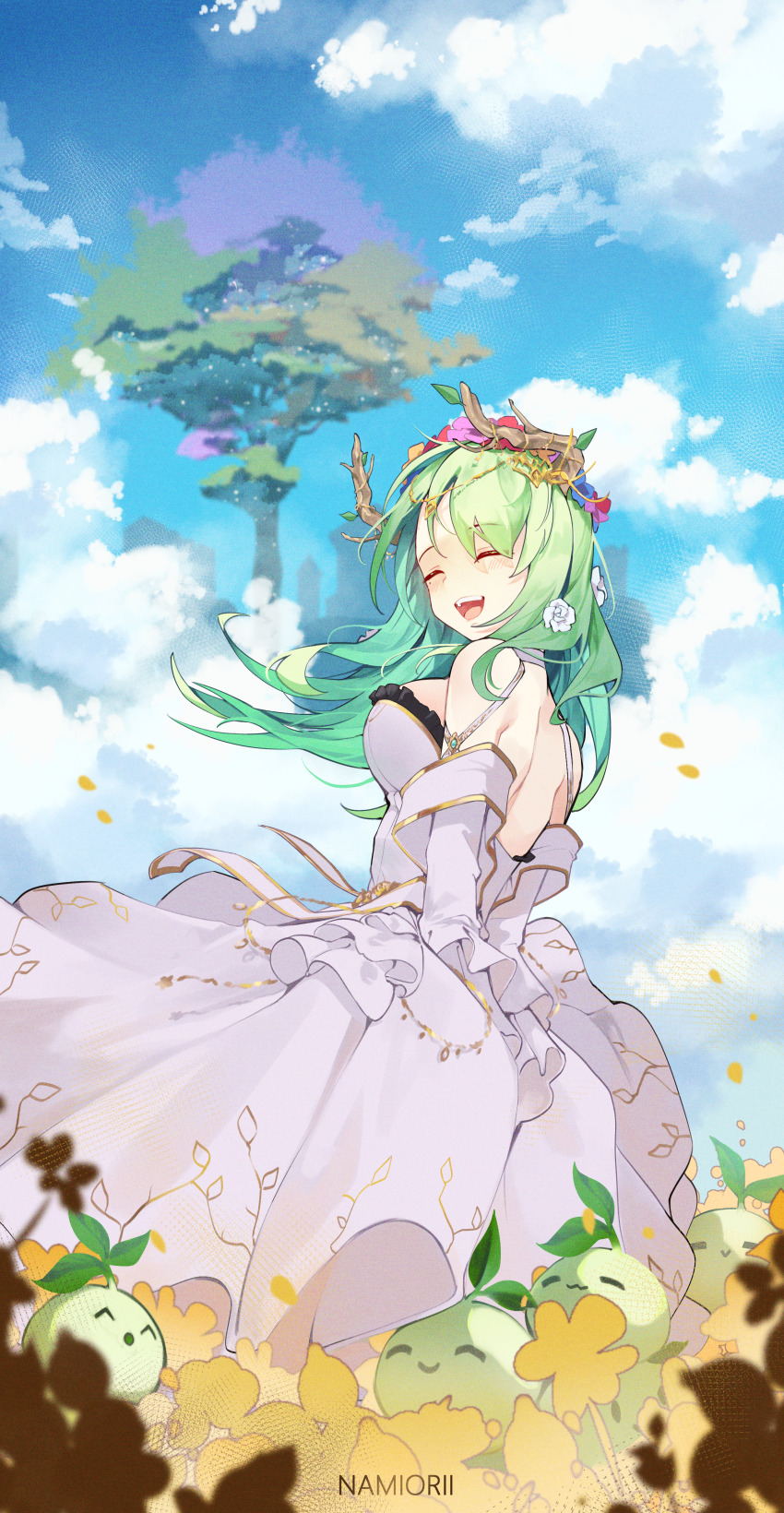 1girl absurdres alternate_costume antlers arms_behind_back bare_shoulders blue_sky breasts ceres_fauna closed_eyes cloud commentary day detached_sleeves dress flower flower_wreath frilled_dress frills gold_trim green_hair grey_hair hair_flower hair_ornament highres hololive hololive_english horns large_breasts long_hair long_sleeves namiorii open_mouth outdoors sapling sapling_(ceres_fauna) shoulder_blades sky smile solo teeth tree upper_teeth_only virtual_youtuber white_dress white_flower