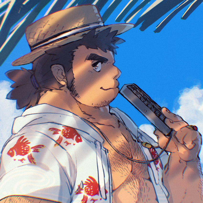 1boy abacus andvari_(housamo) animal_print arm_hair bara brown_eyes brown_hair chest_hair closed_mouth cloud cloudy_sky commentary_request dark-skinned_male dark_skin dwarf fish_print goldfish_print hairy hat highres holding_abacus jewelry jinnai10 long_sideburns looking_at_viewer male_focus muscular muscular_male open_clothes open_shirt pointy_ears ponytail ring shade shadow short_hair sideburns sky smile solo thick_eyebrows tokyo_houkago_summoners upper_body