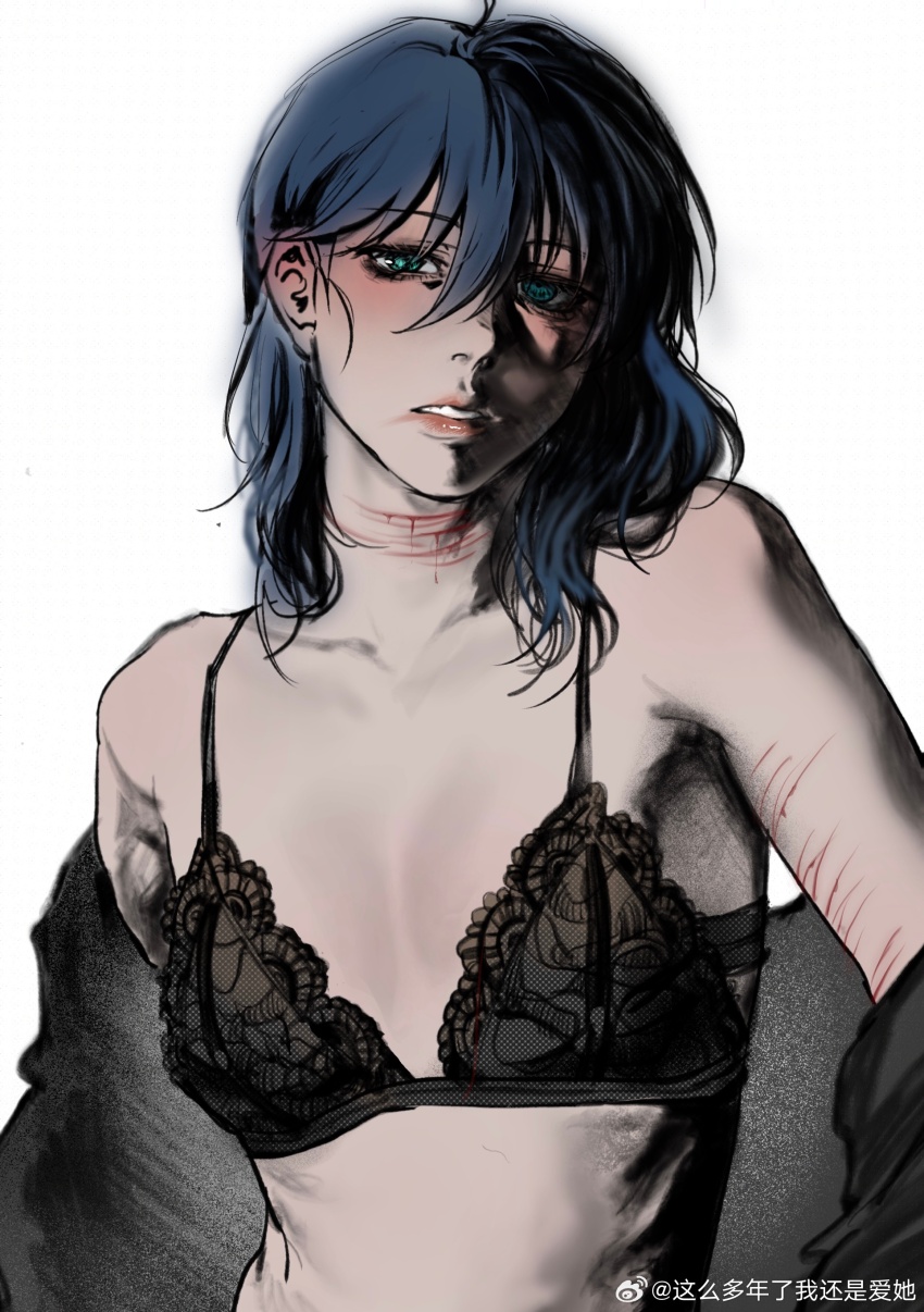 1girl absurdres aqua_eyes black_bra black_jacket blood blue_hair borderline7839 bra chinese_commentary commentary_request cuts flat_chest highres injury jacket medium_hair parted_lips self-harm_scar shi_wan_ge_leng_xiaohua solo underwear weibo_watermark