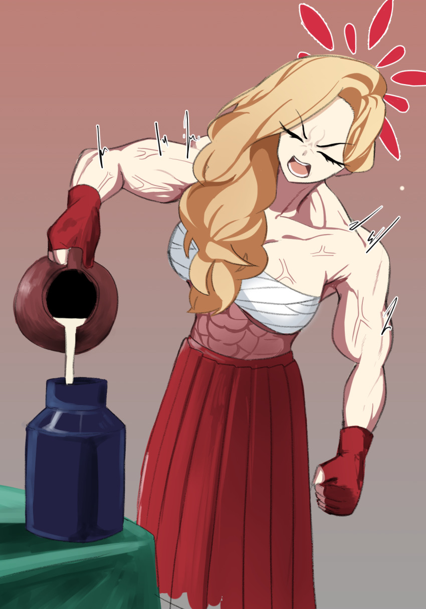 1girl ^^^ abs akemi_(blue_archive) biceps blonde_hair blue_archive breasts chest_sarashi clenched_hand closed_eyes commentary_request feet_out_of_frame fine_art_parody fingerless_gloves gloves gradient_background halo highres jug_(bottle) large_breasts long_hair long_skirt milk milk_churn muscular muscular_female open_mouth parody pleated_skirt pouring red_gloves red_halo red_skirt sarashi shin_rin skirt solo standing teeth the_milkmaid tongue v-shaped_eyebrows veins veiny_arms veiny_breasts