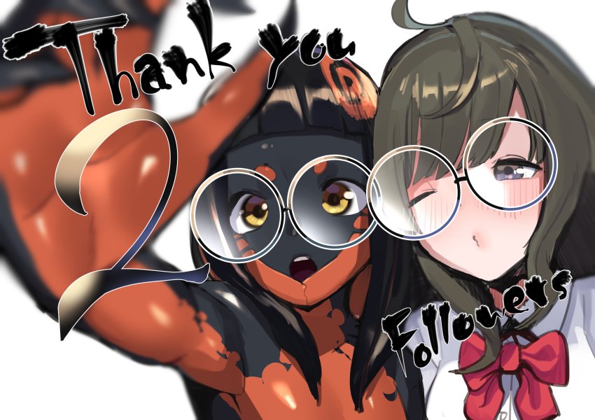 2girls absurdres black_hair black_skin blunt_bangs blush bow bowtie brown_eyes brown_hair closed_mouth colored_skin commentary_request highres iro-chan koiso_usu long_hair looking_at_viewer milestone_celebration monster_girl multicolored_skin multiple_girls o3o one_eye_closed open_mouth orange_skin original purple_eyes red_bow red_bowtie shirt simple_background two-tone_skin upper_body white_background white_shirt