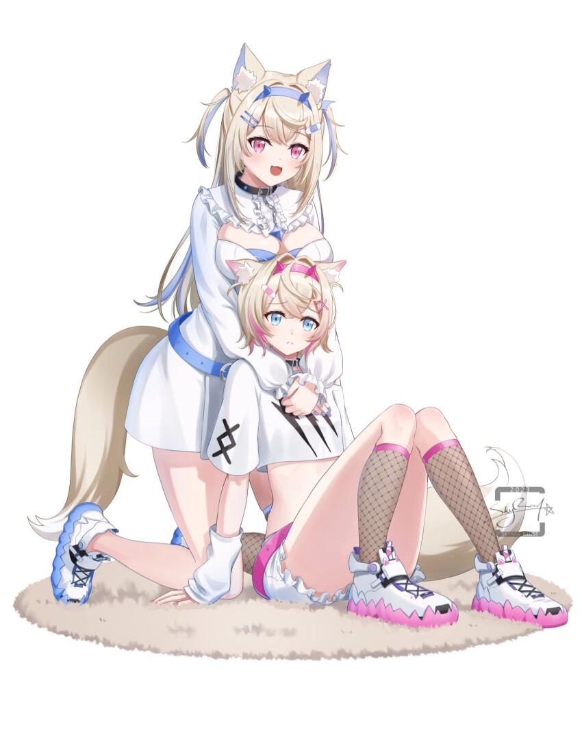 2girls animal_ears arms_around_neck belt_collar black_collar blonde_hair blue_eyes blue_hair blue_nails blush breasts cleavage_cutout closed_mouth clothing_cutout collar cropped_shirt dog_ears dog_girl dog_tail dress fang fishnet_socks fishnets frilled_shorts frills fuwawa_abyssgard fuwawa_abyssgard_(1st_costume) hair_ornament hairpin highres hololive hololive_english hug large_breasts long_hair looking_at_viewer medium_hair mococo_abyssgard mococo_abyssgard_(1st_costume) multicolored_hair multiple_girls nail_polish open_mouth pink_eyes pink_hair pink_nails shirt shoes short_shorts shorts siblings sidelocks single_fishnet_legwear sisters skyrail smile sneakers socks spiked_collar spikes streaked_hair tail twins two_side_up virtual_youtuber white_dress white_footwear white_shirt white_shorts x_hair_ornament