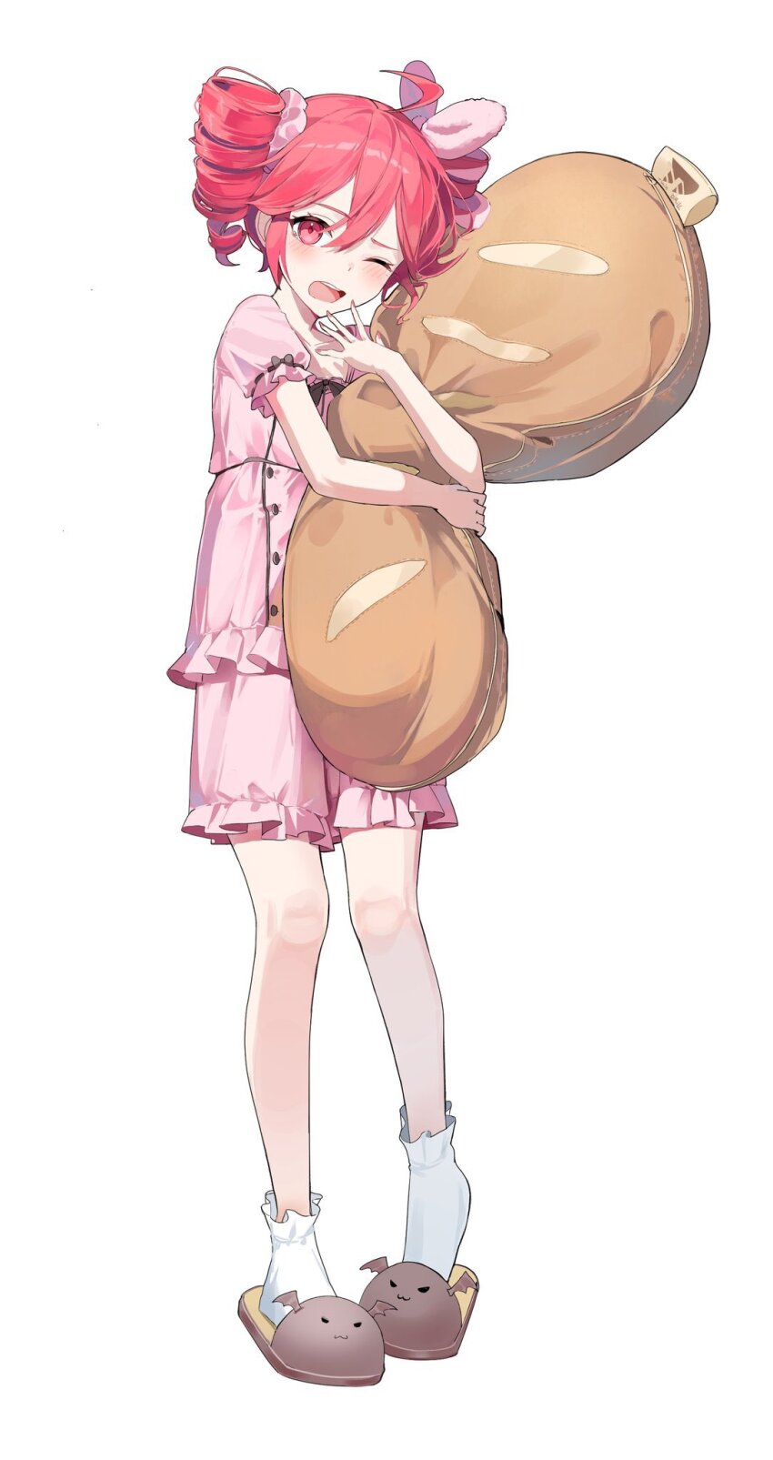 1girl brown_footwear drill_hair full_body hair_between_eyes highres hugging_object hya_ro kasane_teto looking_at_viewer medium_hair one_eye_closed open_mouth pillow pillow_hug red_eyes red_hair short_sleeves simple_background slippers socks solo standing teeth twin_drills upper_teeth_only utau white_background white_socks