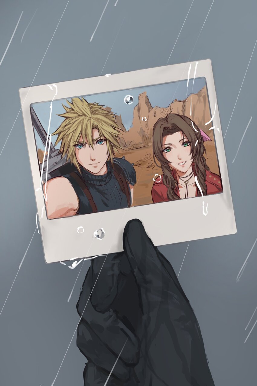 1boy 1girl aerith_gainsborough armor black_gloves black_sweater blonde_hair blue_eyes brown_hair buster_sword closed_mouth cloud_strife commentary cropped_jacket english_commentary final_fantasy final_fantasy_vii final_fantasy_vii_rebirth final_fantasy_vii_remake gloves green_eyes grin hair_between_eyes hair_ribbon highres holding holding_photo jacket kivavis long_hair looking_at_viewer pauldrons photo_(object) pink_ribbon pointy_hair ponytail rain red_jacket ribbed_sweater ribbon short_hair shoulder_armor single_pauldron smile sweater sword teeth turtleneck turtleneck_sweater wavy_hair weapon