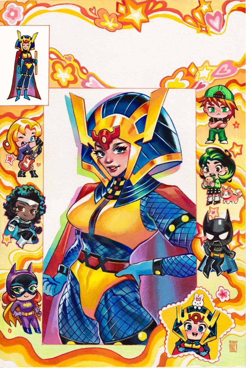 artist_name backwards_hat barbara_gordon baseball_cap batgirl batman_symbol belt big_barda birds_of_prey black_bodysuit black_canary black_footwear black_gloves black_hair blank_eyes blue_eyes blue_gloves bodysuit breasts cape cassandra_cain character_request chibi comic_cover commentary cowboy_shot crossed_arms dark-skinned_female dark_skin dc_comics eating electric_guitar english_commentary fishnet_pantyhose fishnets gloves gouache_(medium) green_hair guitar hand_on_own_hip hat highres instrument looking_at_viewer medium_breasts muscular muscular_female official_art one_eye_closed open_mouth orange_hair painting_(medium) pantyhose parted_lips playing_guitar red_cape rian_gonzales solo_focus superhero_costume textless_version thick_thighs thighs traditional_media watercolor_(medium) white_eyes yellow_belt