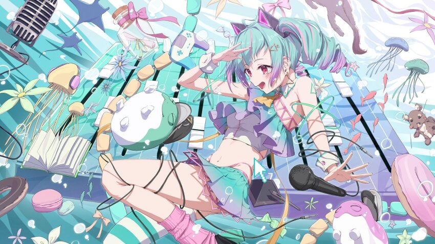 1girl animal_ears aqua_hair arm_tattoo asymmetrical_legwear bare_shoulders bottle breasts cat_ears controller delutaya doughnut drawing_tablet drill_hair earrings fake_animal_ears fang flower food frilled_tank_top game_controller gradient_clothes gradient_hair hair_ornament hairpin highres hoop_earrings idol_clothes indie_virtual_youtuber jellyfish jewelry macaron manta_ray medium_breasts microphone midriff multicolored_hair navel open_mouth pink_eyes pink_socks pleated_skirt power_cord purple_hair skirt socks streaked_hair striped_clothes striped_thighhighs tattoo thighhighs twin_drills two-tone_hair virtual_youtuber white_wrist_cuffs wrist_cuffs yo_na