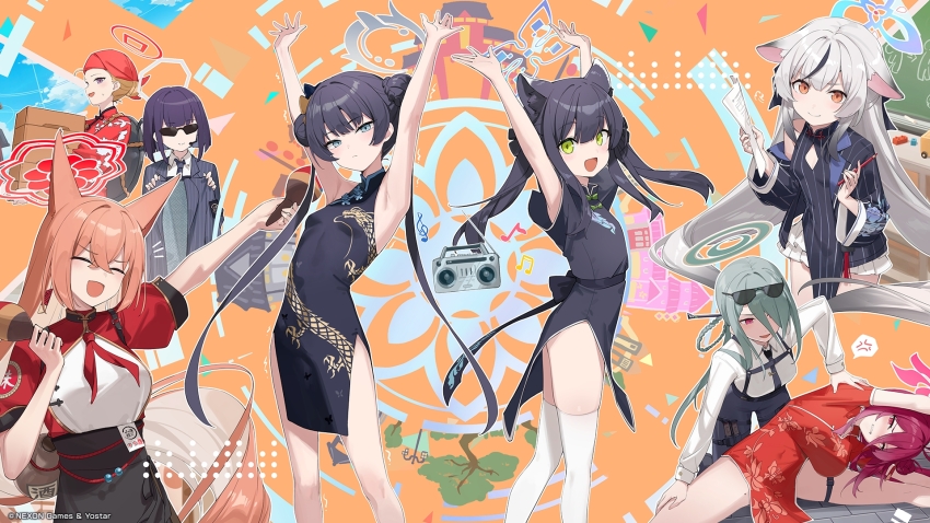 6+girls 7gao animal_ear_fluff animal_ears black_dress black_hair black_necktie blue_archive blue_halo braid braided_bun butterfly_hair_ornament chest_harness china_dress chinese_clothes copyright_name crossed_bangs double_bun dragon_print dress eyewear_on_head fox_ears green_eyes green_halo grey_eyes grey_hair grey_halo hair_bun hair_ornament halo harness high-waist_pants highres jacket kisaki_(blue_archive) kokona_(blue_archive) mina_(blue_archive) mole mole_on_chest mole_on_thigh multicolored_hair multiple_girls necktie official_art pants pelvic_curtain print_dress red_halo reijo_(blue_archive) rumi_(blue_archive) shun_(blue_archive) shun_(small)_(blue_archive) single_side_bun streaked_hair striped_clothes striped_jacket sunglasses thighhighs tiger_ears tiger_girl white_thighhighs