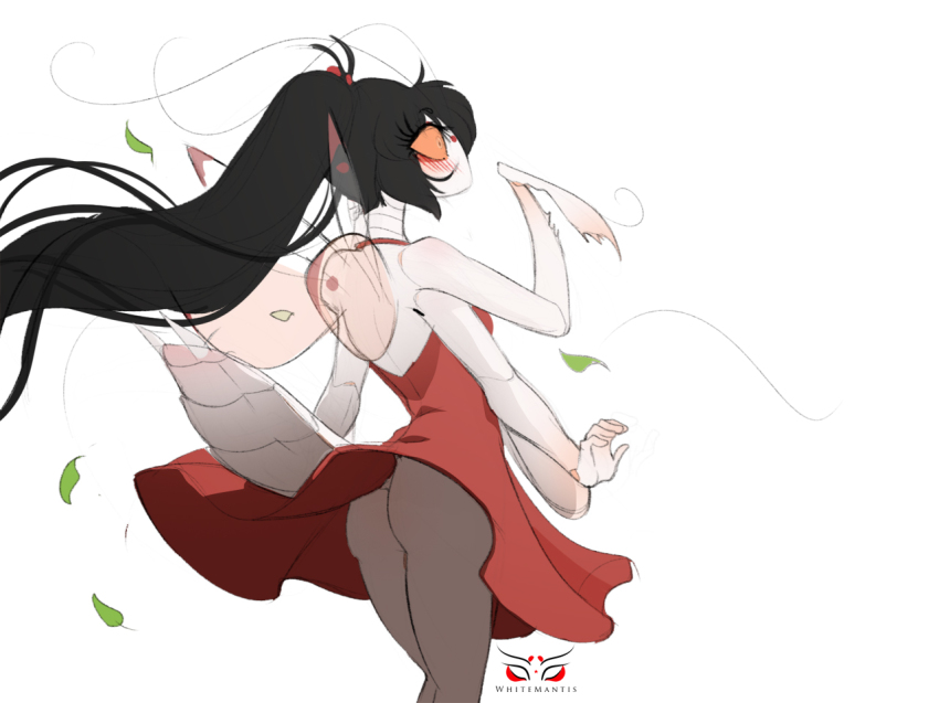 1girl ass black_hair blade_under_mask blush dress arthropod_girl long_hair nae_(blade_under_mask) ponytail short_dress surprised whitemantis wind