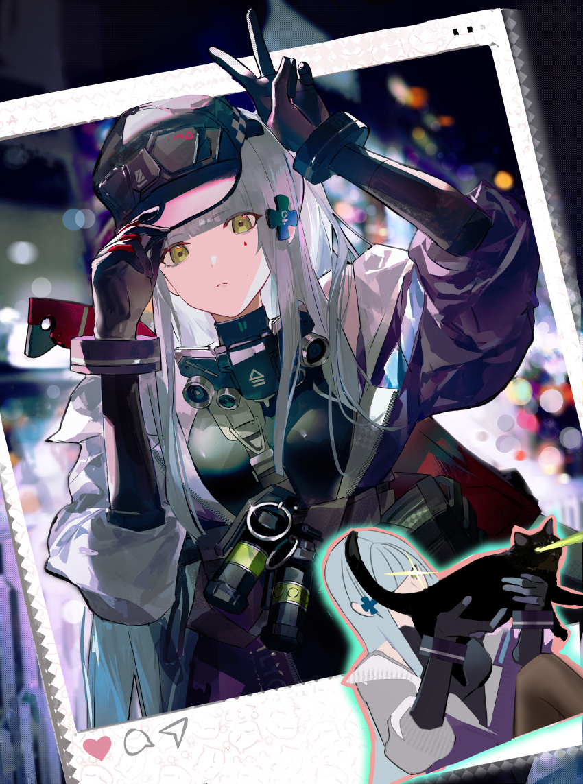 1girl absurdres cat closed_mouth cross_hair_ornament facial_mark flashbang girls&#039;_frontline girls&#039;_frontline_2:_exilium green_eyes grey_hair hair_ornament hand_on_headwear hat highres hk416_(girls&#039;_frontline) jacket jingmi long_hair multicolored_clothes multicolored_jacket polaroid_photo ponytail purple_jacket sidelocks v white_jacket