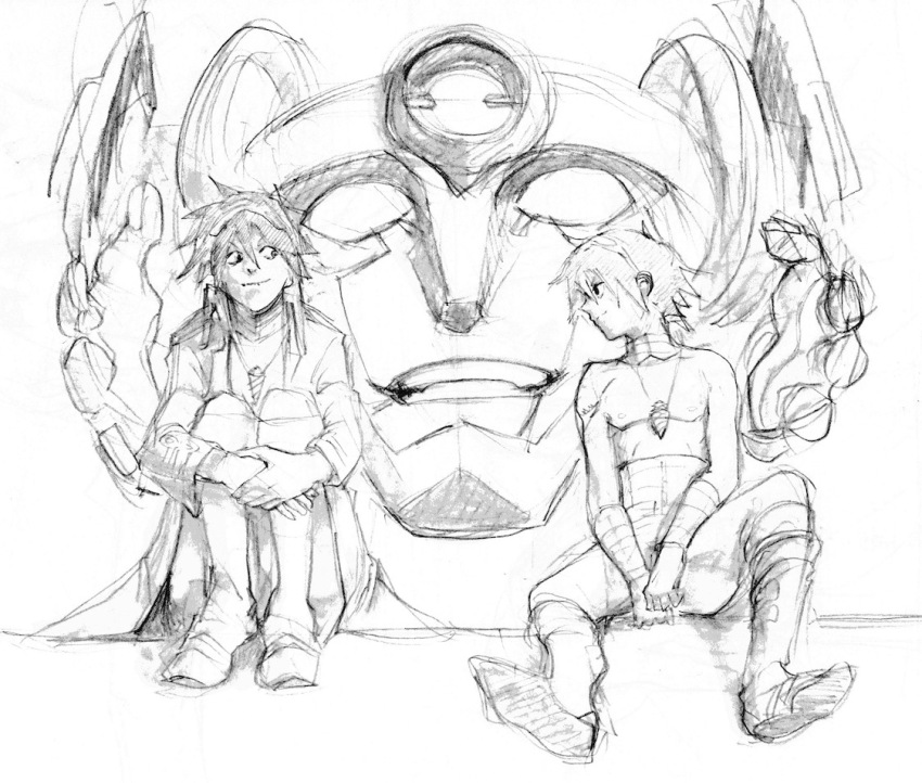 00s 2boys dual_persona greyscale lagann male_focus mecha monochrome multiple_boys robot simon_(ttgl) sitting sketch smile tengen_toppa_gurren_lagann traditional_media white_background