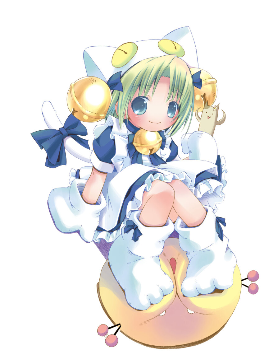 1girl absurdres animal animal_ears animal_hat apron arm_support bell blue_bow blue_bowtie blue_dress blue_eyes blue_ribbon bow bowtie cat cat_ears cat_girl cat_hat cat_tail closed_mouth commentary_request creature dejiko di_gi_charat dress frilled_apron frills full_body gema gloves green_hair hair_bell hair_ornament hair_ribbon hat highres hokke_mirin holding holding_animal holding_cat jingle_bell looking_at_viewer maid neck_bell parted_bangs petticoat pop_(electromagneticwave) puffy_short_sleeves puffy_sleeves ribbon short_hair short_sleeves simple_background sitting smile solo tail tail_bow tail_ornament white_apron white_background white_gloves white_hat white_tail