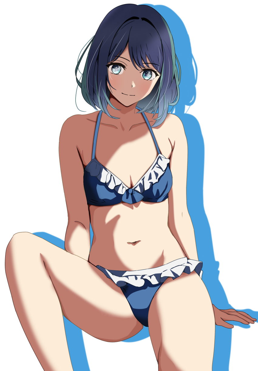 1girl absurdres bikini black_hair blue_bikini blue_eyes breasts commentary_request feet_out_of_frame frilled_bikini frills highres kurokawa_akane looking_at_viewer navel oshi_no_ko shadow short_hair simple_background sitting small_breasts smile solo swimsuit tetsuado white_background