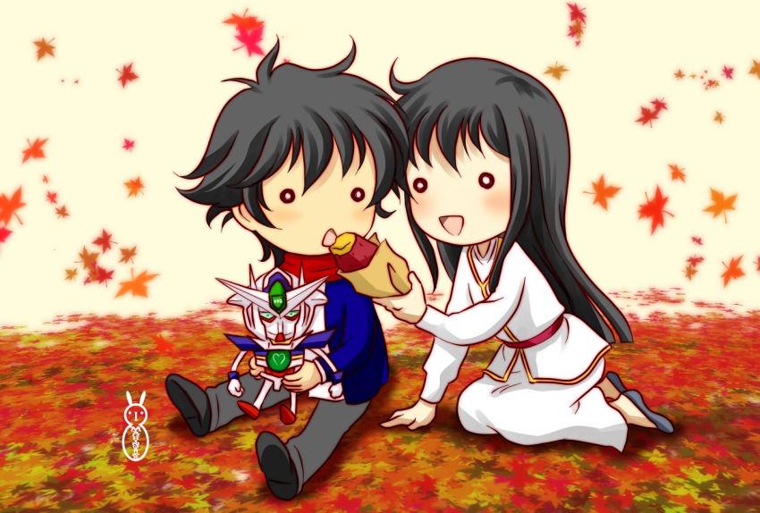 00s 1boy 1girl autumn_leaves bad_id bad_pixiv_id couple food gundam gundam_00 hetero leaf machinosuke marina_ismail setsuna_f._seiei sweet_potato