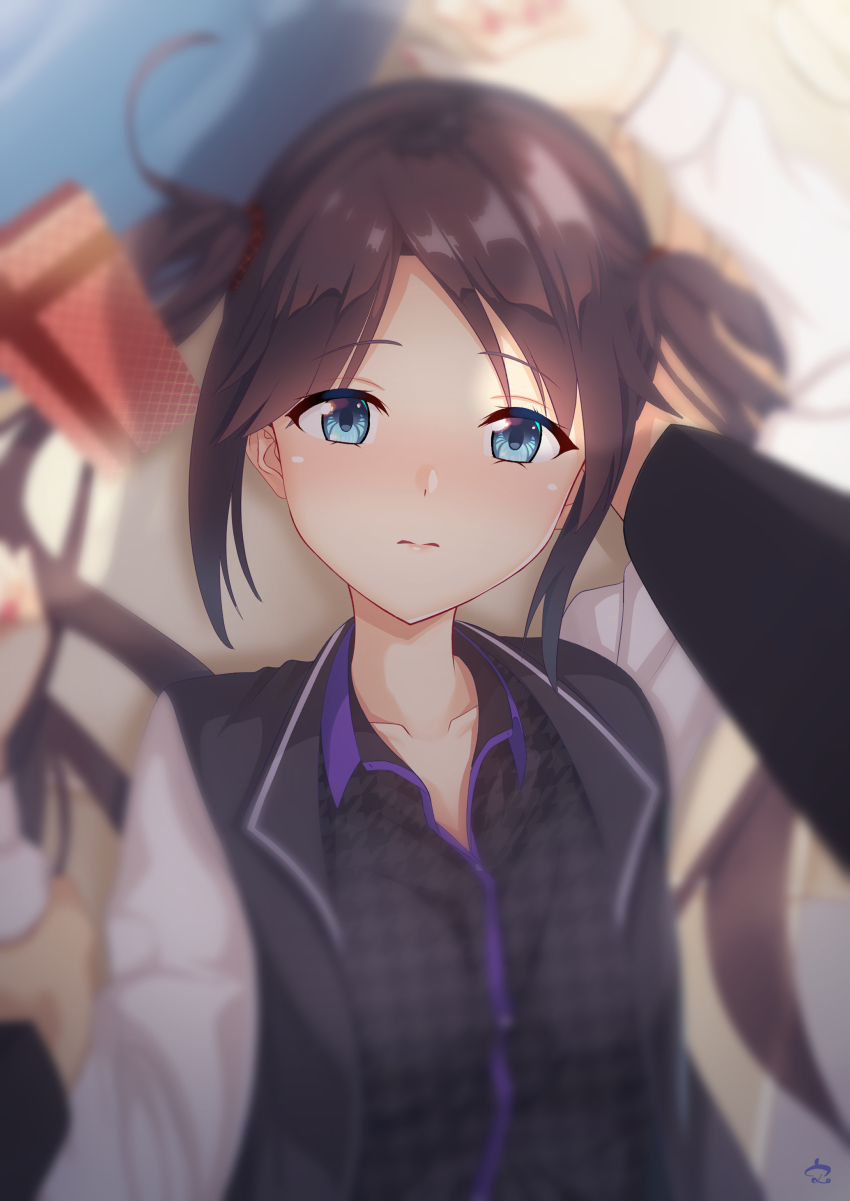 1boy 1girl absurdres black_hair blue_eyes blurry blush box business_suit collared_shirt couch depth_of_field embarrassed formal_clothes fumimaru gift gift_box hetero highres holding_another&#039;s_wrist houndstooth idolmaster idolmaster_shiny_colors jacket long_hair long_sleeves looking_at_viewer mitsumine_yuika multicolored_clothes multicolored_jacket nail_polish no_eyewear nose_blush on_couch pinned pov producer_(idolmaster) shirt suit twintails two-tone_jacket valentine