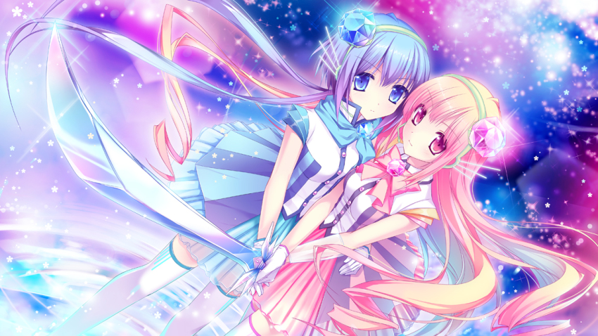 2girls aoki_lapis bad_id bad_pixiv_id blue_eyes blue_hair dress gem headset holding kimishima_ao long_hair merli_(vocaloid) multiple_girls pink_eyes pink_hair striped_clothes striped_dress sword thighhighs vocaloid weapon