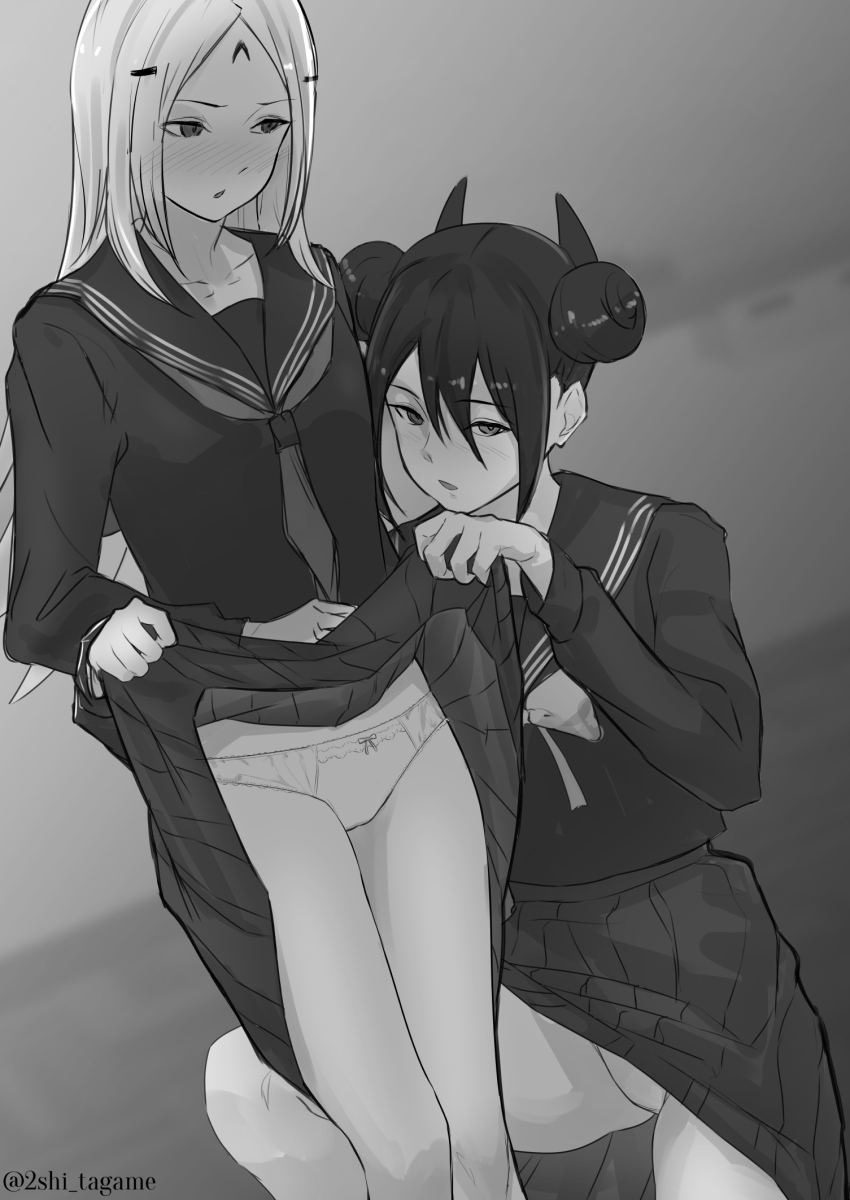 2girls agent_(girls&#039;_frontline) alternate_costume bare_legs blush bow bowtie clothes_lift commentary_request double_bun dutch_angle elisa_(girls&#039;_frontline) facial_mark feet_out_of_frame forehead_mark girls&#039;_frontline greyscale hair_between_eyes hair_bun highres horns lifting_another&#039;s_clothes long_hair long_skirt long_sleeves looking_at_viewer mizukamakiri monochrome multiple_girls neckerchief official_alternate_costume panties pantyshot parted_lips pleated_skirt sailor_collar sangvis_ferri school_uniform skirt skirt_lift standing twitter_username underwear very_long_hair