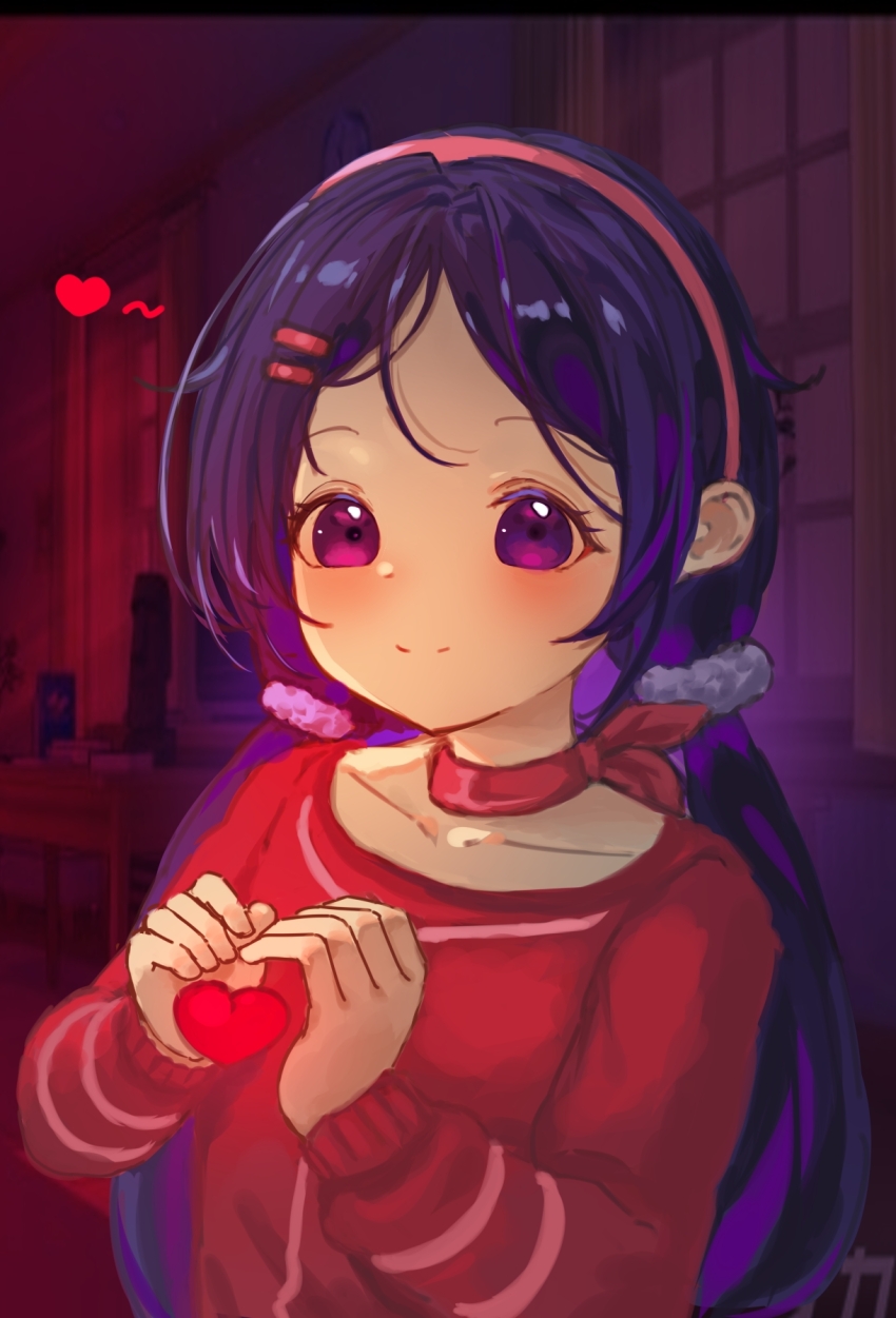 1girl blush chinese_commentary choker chun_shancha closed_mouth commentary_request hair_ornament hairband hairclip hands_up heart heart_hands highres long_hair long_sleeves low_twintails miside mita_(miside) purple_eyes purple_hair red_choker red_hairband red_sweater smile solo split_mouth sweater twintails upper_body