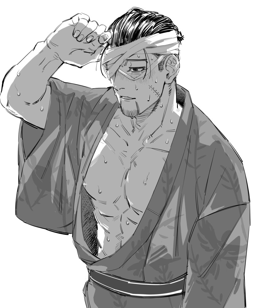 1boy abs absurdres arm_up bandaged_head bandages black_hair blush collarbone commentary cowboy_shot curled_fingers facial_hair facial_scar goatee golden_kamuy greyscale hair_slicked_back highres hot japanese_clothes jitome kimono lazyneki looking_ahead male_focus monochrome ogata_hyakunosuke open_clothes open_kimono parted_lips pectorals print_kimono sash scar scar_on_cheek scar_on_face short_sideburns sideburns simple_background sketch solo sweat sweatdrop teeth white_background wide_sleeves