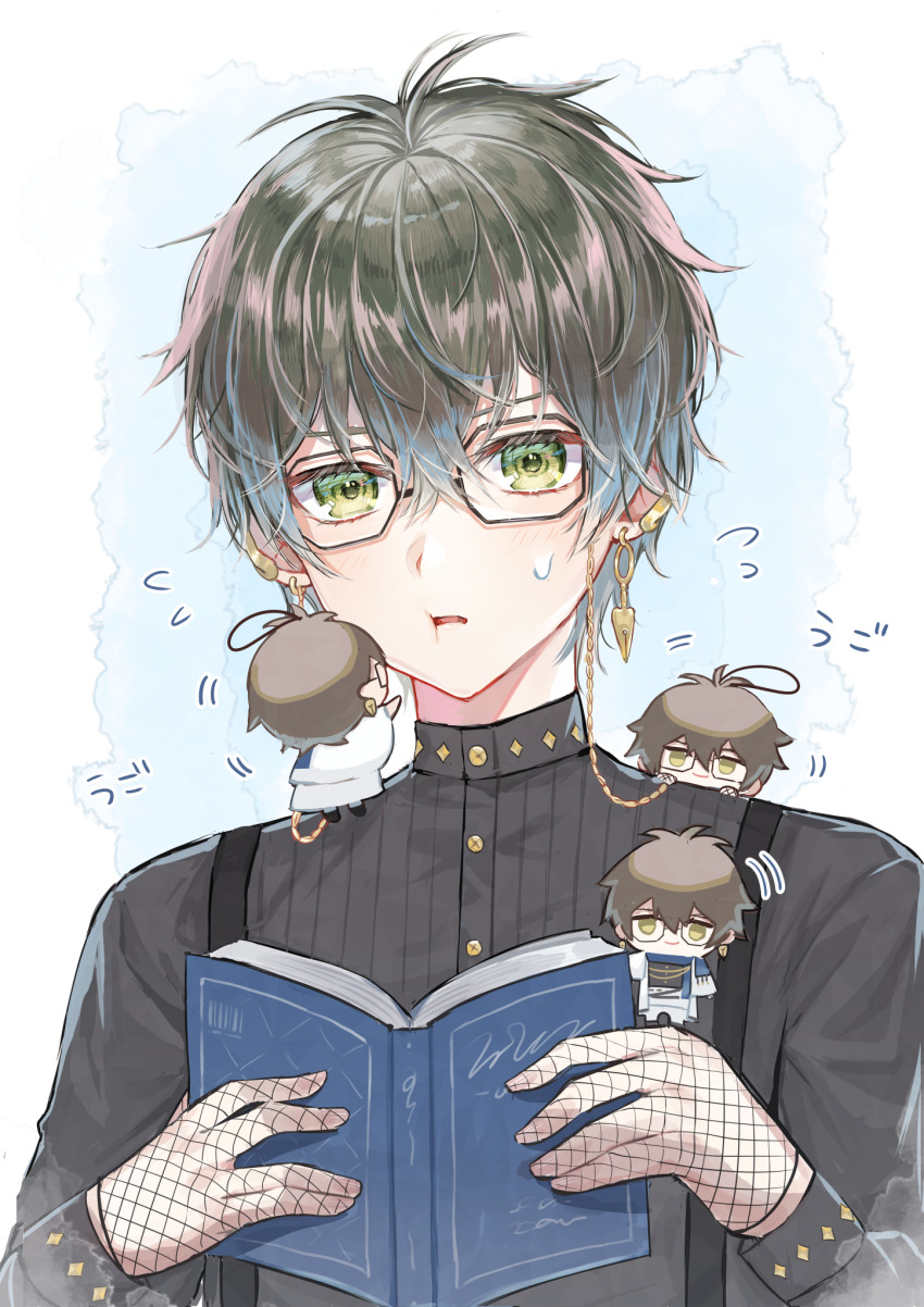 1boy black_shirt blue_hair book character_doll cheek_press chibi earrings eyebrows_hidden_by_hair fishnet_gloves fishnets flying_sweatdrops glasses gloves gradient_hair green_eyes grey_hair hair_between_eyes highres holding holding_book ike_eveland ike_eveland_(1st_costume) jewelry long_sleeves looking_at_viewer male_focus motion_lines multicolored_hair multiple_boys multiple_persona nijisanji nijisanji_en open_book open_mouth reading shirt short_hair simple_background suspenders sweatdrop turtleneck virtual_youtuber zuwaineko