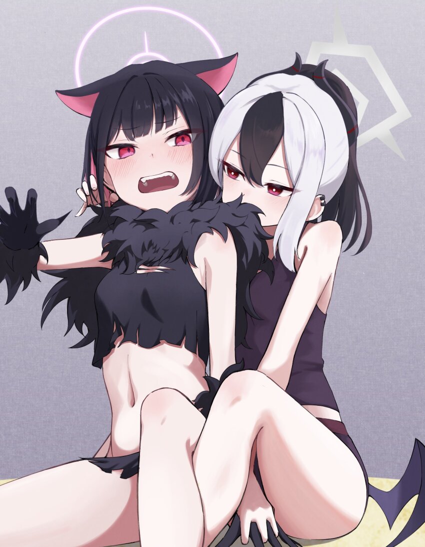 2girls absurdres black_claws black_hair black_horns blue_archive cat_choker colored_inner_animal_ears cosplay demon_horns ear_piercing earclip extra_ears fake_claws fur-trimmed_gloves fur_trim gloves halo highres horns kayoko_(blue_archive) kazusa_(blue_archive) kazusa_(blue_archive)_(cosplay) kazusa_(halloween)_(blue_archive) multicolored_hair multiple_girls piercing pink_eyes shiroiurushi single_wing two-tone_hair werewolf_costume white_hair wings