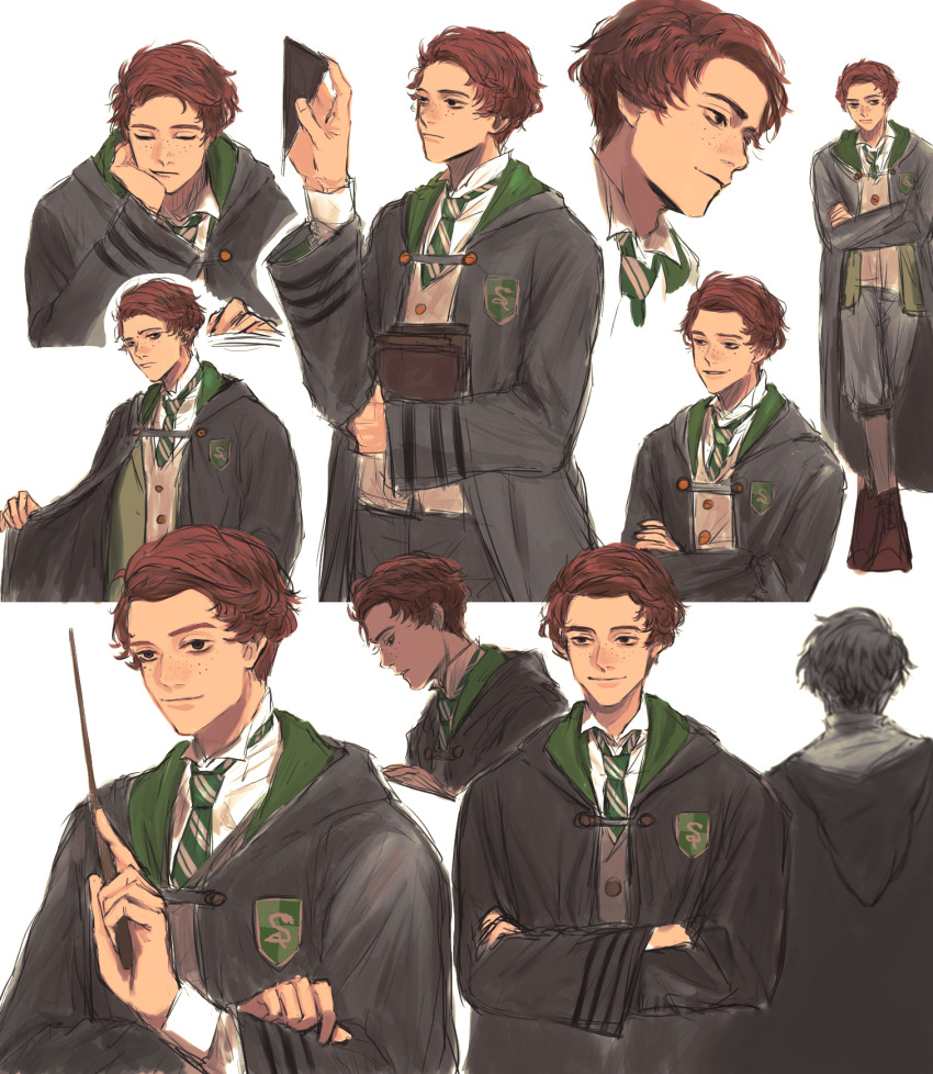 1boy black_coat black_robe book brown_hair coat crossed_arms freckles harry_potter_(series) highres hogwarts_legacy hogwarts_school_uniform holding holding_book holding_wand hooded_robe male_focus necktie robe school_uniform sebastian_sallow short_hair smile striped_necktie wand wizarding_world