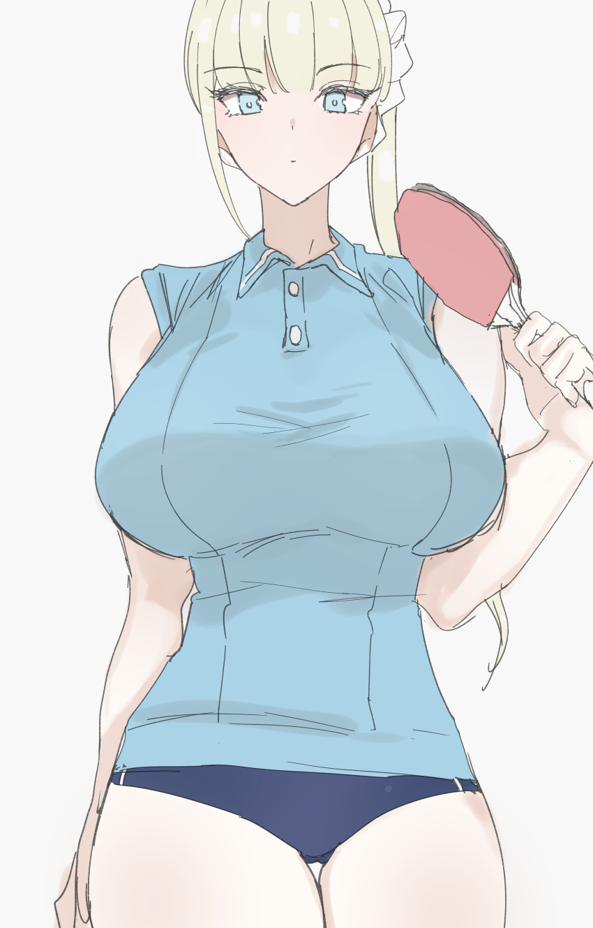 1girl absurdres bare_shoulders blonde_hair blue_buruma blue_eyes breasts buruma commentary_request expressionless gensou_pump highres holding_table_tennis_paddle large_breasts long_hair looking_at_viewer original paddle ponytail simple_background solo table_tennis_paddle white_background