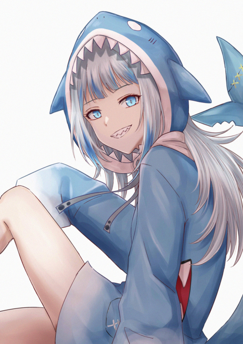 1girl absurdres animal_costume animal_hood blue_hair blue_hoodie closed_mouth fins fish_tail gawr_gura gawr_gura_(1st_costume) grey_hair highres hololive hololive_english hood hoodie looking_at_viewer maumaou medium_hair multicolored_hair shark_costume shark_girl shark_hood shark_tail sleeves_past_fingers sleeves_past_wrists smile solo streaked_hair tail virtual_youtuber white_background