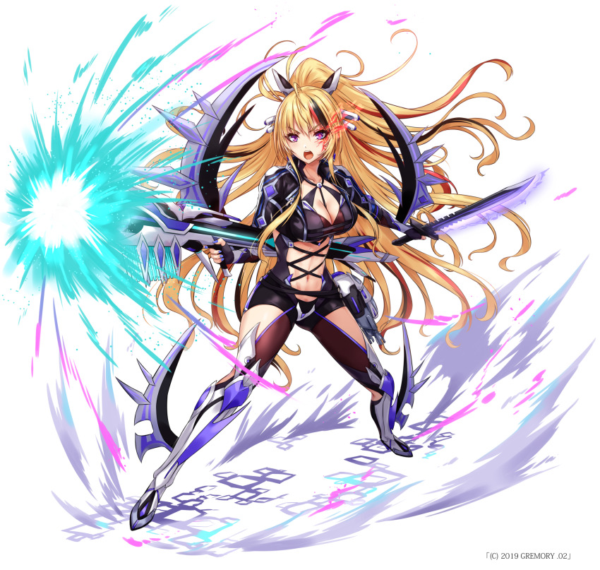 1girl action action_taimanin black_hair blonde_hair breasts cleavage floating_hair full_body gloves gun high_heels highres large_breasts long_hair multicolored_hair navel nino_weaver official_art ponytail purple_eyes red_hair rifle sakiyamama solo sword taimanin_(series) very_long_hair weapon