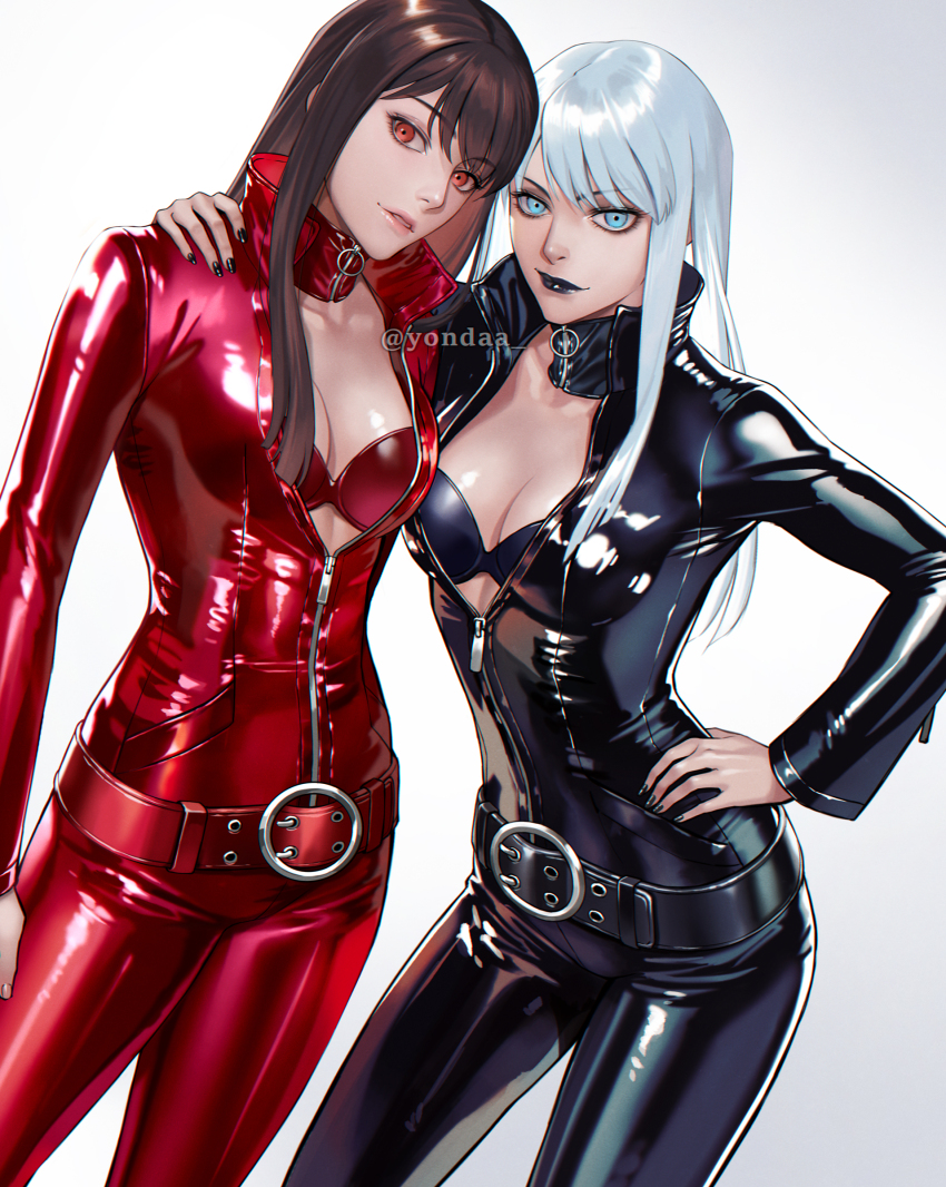 2girls absurdres artist_name black_lips blue_eyes bodysuit breasts brown_hair cleavage collar commentary_request devil_summoner:_soul_hackers devil_summoner_(series) full-length_zipper highres lipstick long_hair looking_at_viewer makeup medium_breasts multiple_girls nemissa open_bodysuit open_clothes pale_skin red_eyes tono_hitomi twitter_username white_hair yorita_(kick_knock) zipper