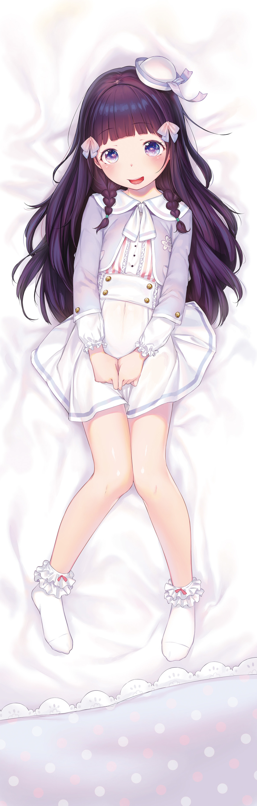 1girl absurdres blunt_bangs blush braid covered_navel dakimakura_(medium) dress feet female_focus frilled_socks frills full_body hat henreader highres kyou_kara_ore_wa_loli_no_himo! long_hair long_sleeves looking_at_viewer mini_hat nijou_touka no_shoes open_mouth purple_eyes purple_hair see-through_clothes socks solo tongue twin_braids white_dress white_socks