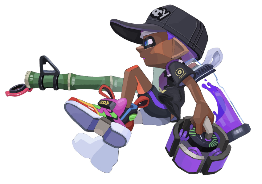 1boy bamboozler_14_(splatoon) baseball_cap bike_shorts black_hat black_shirt black_shorts blue_eyes curling_bomb_(splatoon) dark-skinned_male dark_skin from_side full_body hat highres holding hyper_chikuwabu ink_tank_(splatoon) inkling inkling_boy inkling_player_character male_focus nintendo open_mouth pointy_ears purple_hair shirt short_hair short_sleeves shorts simple_background solo splatoon_(series) tentacle_hair white_background