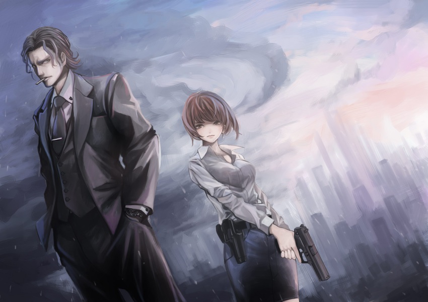 10s 1boy 1girl black_hair brown_hair cigarette cityscape formal gun holding holding_gun holding_weapon holster koh_(minagi_kou) looking_at_viewer necktie psycho-pass short_hair smoking suit tougane_sakuya tsunemori_akane weapon