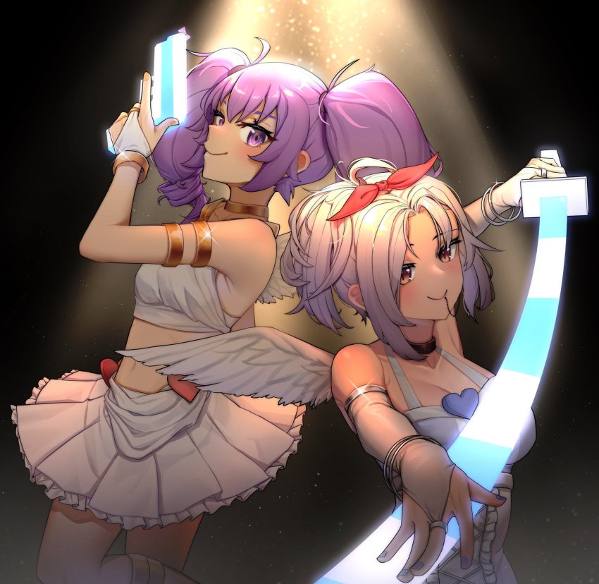 2girls akaharuu angel_wings breasts cosplay fefe_(vtuber) gun highres holding holding_weapon large_breasts multiple_girls otachan panty_&amp;_stocking_with_garterbelt panty_(psg) panty_(psg)_(cosplay) purple_hair small_breasts smile stocking_(psg) stocking_(psg)_(cosplay) sword virtual_youtuber weapon white_hair wings