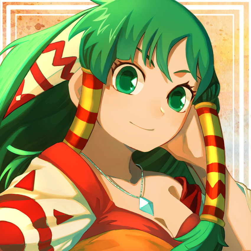 1girl feena_(grandia) grandia grandia_i green_hair hair_ornament highres jewelry long_hair outside_border pendant solo umeda_warehouse upper_body