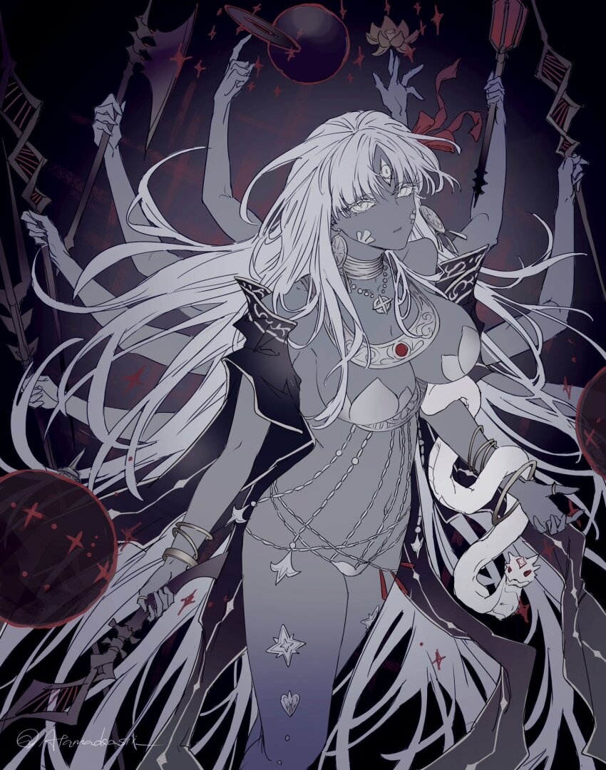 1girl armor axe bare_shoulders belly_chain bikini_armor blue_skin bracelet breasts cleavage colored_skin cropped_legs earrings extra_arms fate/grand_order fate_(series) flower hair_ribbon highres holding holding_axe holding_polearm holding_weapon jewelry kali_(fate) large_breasts long_hair looking_at_viewer neck_ring necklace polearm revealing_clothes ribbon ring ruki_atamaokasii snake solo third_eye very_long_hair weapon white_eyes white_hair white_snake