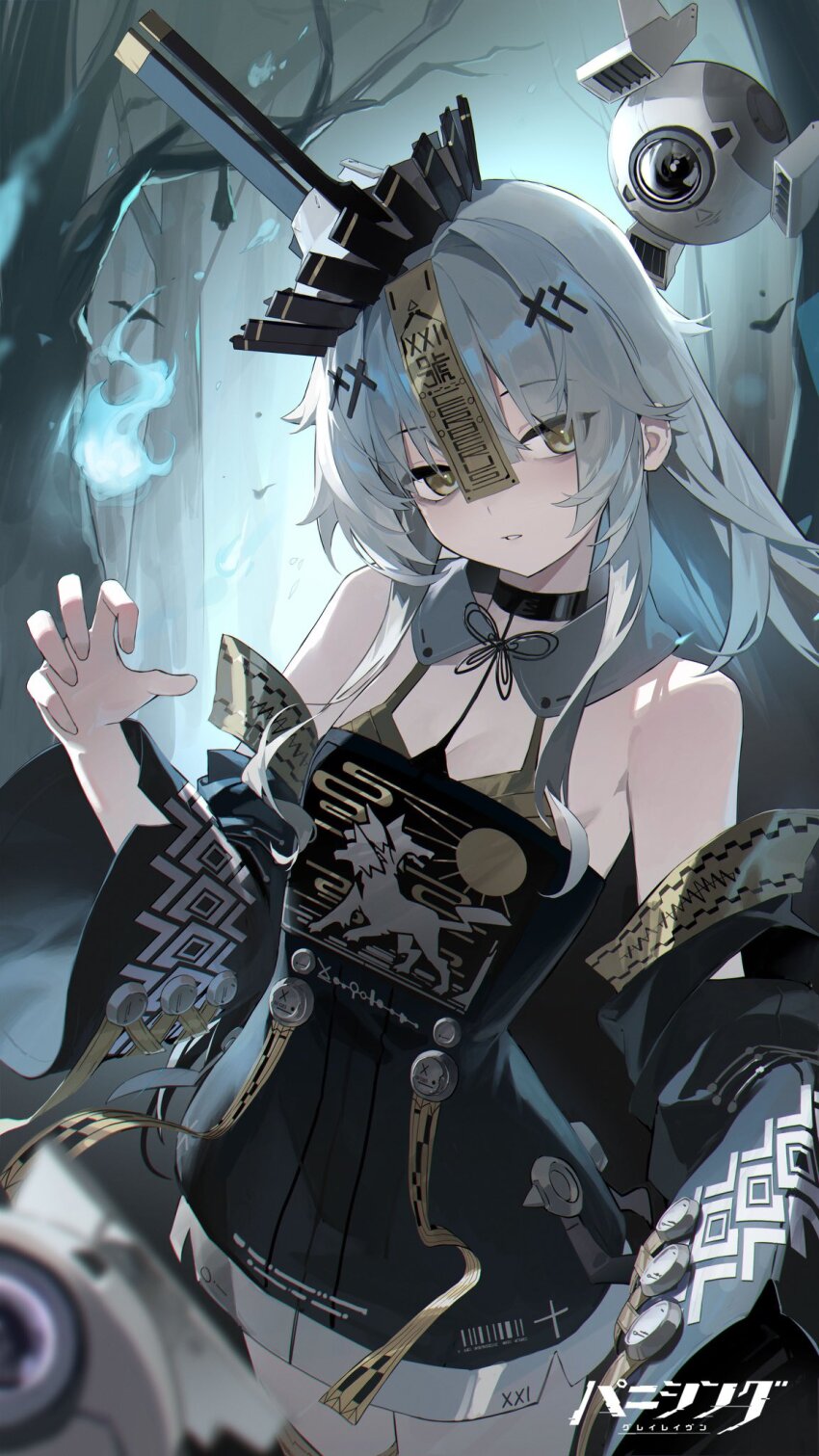 1girl barcode bare_shoulders black_choker black_dress breasts choker copyright_name cross_hair_ornament detached_sleeves dress drone grey_hair hair_between_eyes hair_ornament highres jiangshi jiangshi_costume jiu_ye_sang long_hair looking_at_viewer no._21:_xxi_(pgr) no._21_(pgr) ofuda parted_lips punishing:_gray_raven solo tree very_long_hair wide_sleeves yellow_eyes