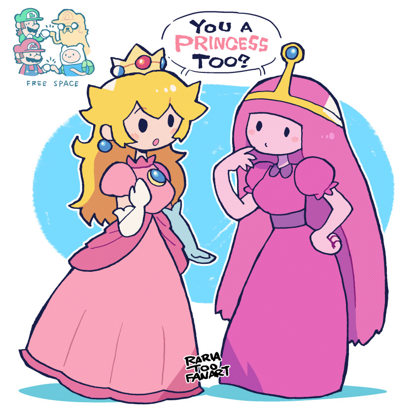 2girls 4boys absurdres adventure_time animal_hood big_nose blonde_hair color_connection colored_skin commentary crossover crown dress elbow_gloves english_text facial_hair finn_the_human fist_bump gloves hat highres hood jake_the_dog luigi mario mario_(series) mini_crown multiple_boys multiple_girls mustache nintendo pink_dress pink_hair pink_skin princess_bonnibel_bubblegum princess_peach rariatto_(ganguri) shared_speech_bubble speech_bubble symbol-only_commentary trait_connection