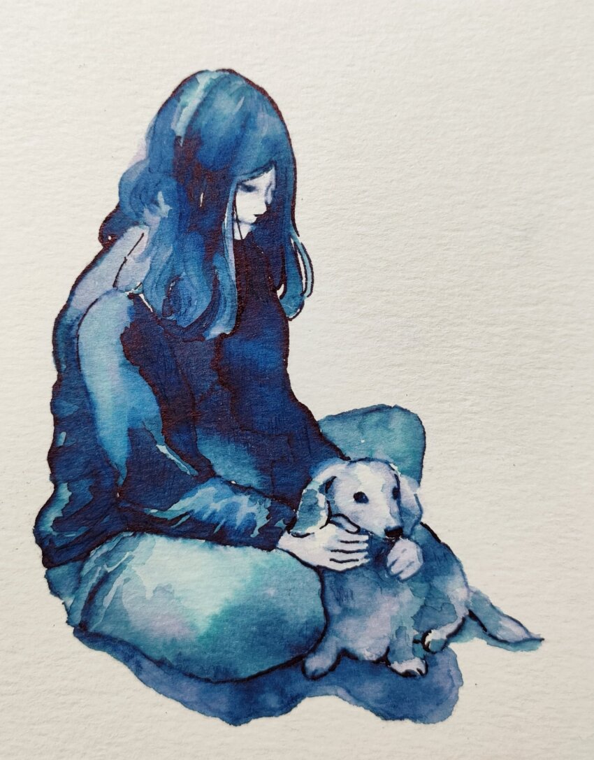 1girl animal black_hair blue_coat coat collar dog highres long_hair looking_at_animal looking_at_viewer original painting_(medium) patting shadow solo traditional_media watercolor_(medium) yuki_furasi