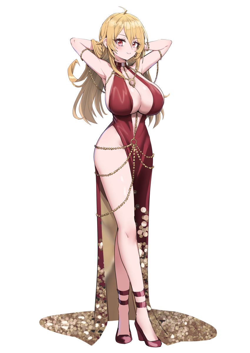 1girl absurdres ahoge angelica_rapha_redgrave armpits arms_behind_head arms_up bare_shoulders bb_(fate) bb_dubai_(fate) bb_dubai_(fate)_(cosplay) blonde_hair breasts cleavage commentary_request commission cosplay dress fate/grand_order fate_(series) full_body hair_between_eyes high_heels highres large_breasts long_hair looking_at_viewer otome_game_sekai_wa_mob_ni_kibishii_sekai_desu pizzasi red_dress red_eyes red_footwear simple_background sleeveless sleeveless_dress smile solo white_background