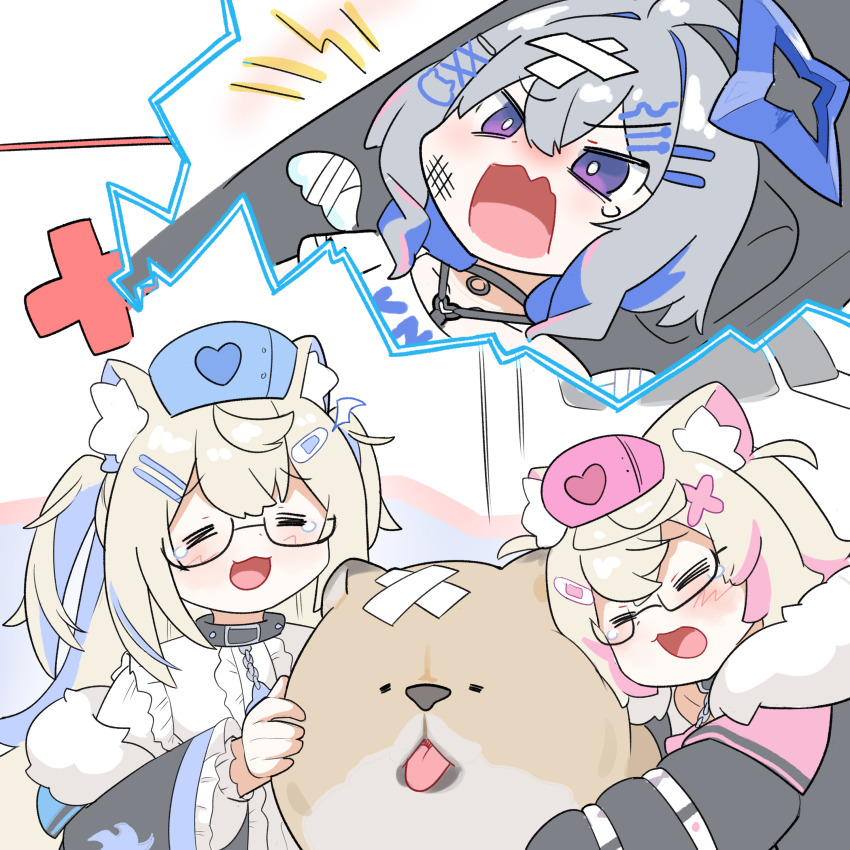 3girls =_= absurdres ahoge amane_kanata amane_kanata_(punk_rock) ambulance angel angel_wings angry animal_collar animal_ears bandages black_choker black_jacket blonde_hair blush choker chow_chow collar dog dog_ears dog_girl fuwawa_abyssgard fuwawa_abyssgard_(1st_costume) grey_hair hair_ornament hairclip hand_on_another&#039;s_face happy hat highres hololive hololive_english hololive_grand_theft_auto hug jacket lying mococo_abyssgard mococo_abyssgard_(1st_costume) motor_vehicle multicolored_hair multiple_girls nurse_cap on_back open_mouth purple_eyes relief shouting siblings sisters smile snowmya streaked_hair tears tongue tongue_out twins virtual_youtuber wings