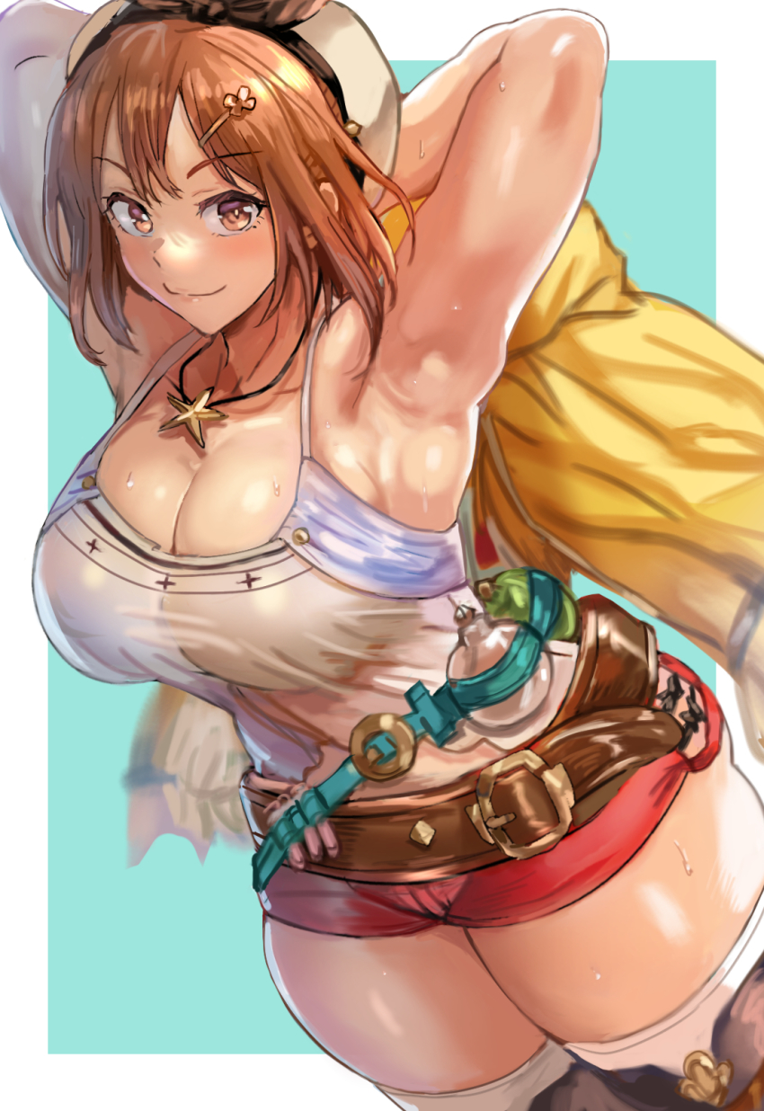 1girl armpits arms_behind_head arms_up atelier_(series) atelier_ryza atelier_ryza_1 belt beret black_hairband blue_belt blush boots breasts brown_belt brown_eyes brown_hair camisole cleavage closed_mouth cowboy_shot daraz flask flower green_background hair_flower hair_ornament hairband hairclip hat highres holding holding_unworn_clothes holding_jacket holding_unworn_clothes jacket jewelry large_breasts looking_at_viewer multiple_belts muscular muscular_female necklace red_shorts reisalin_stout short_hair short_shorts shorts simple_background smile solo spaghetti_strap standing star_(symbol) star_necklace sweat taut_clothes test_tube thick_thighs thigh_boots thighhighs thighhighs_under_boots thighs unworn_jacket vial white_camisole white_headwear white_thighhighs yellow_jacket