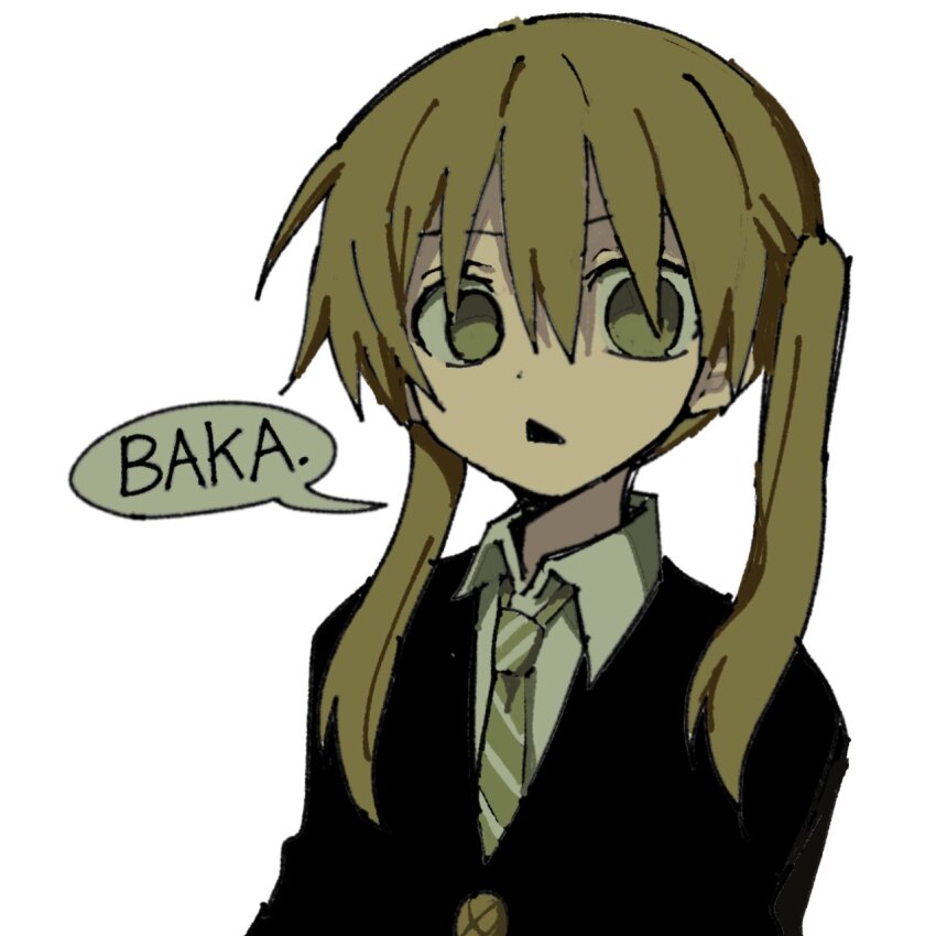 1girl black_jacket blonde_hair collared_shirt diagonal-striped_clothes diagonal-striped_necktie green_necktie highres jacket long_hair looking_at_viewer maka_albarn necktie open_mouth poopoopoppopoo romaji_text shirt simple_background solo soul_eater speech_bubble striped_clothes triangle_mouth twintails white_background white_shirt