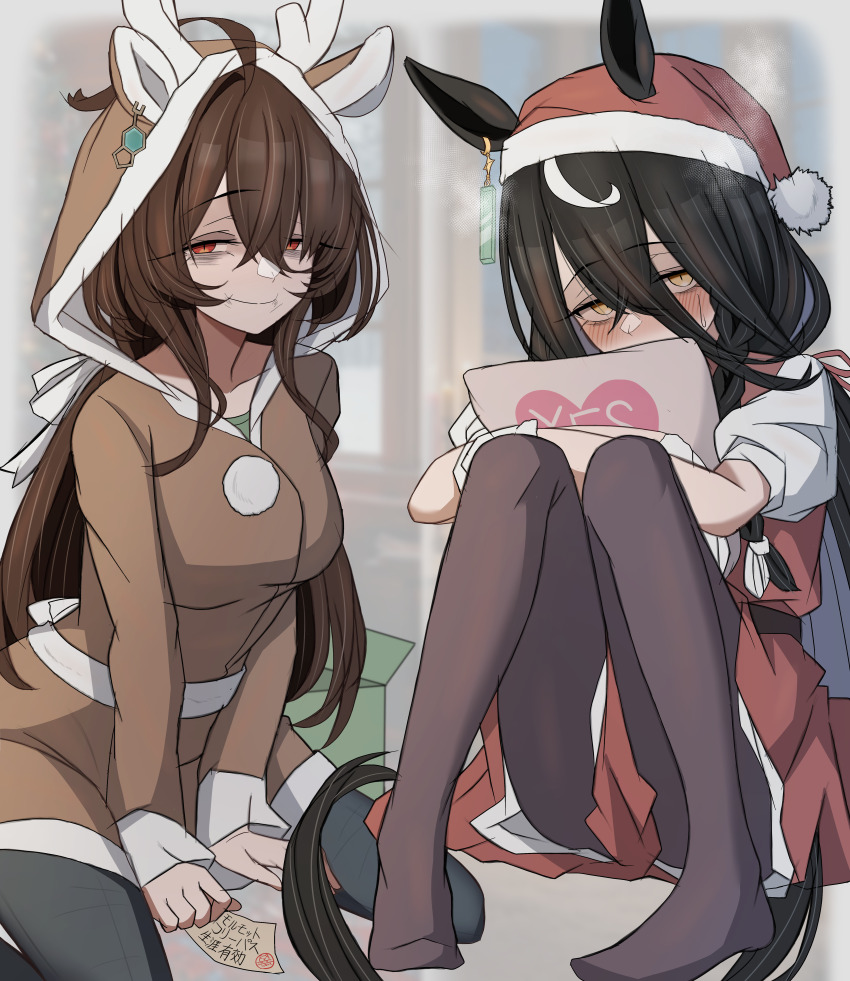 2girls absurdres agnes_tachyon_(umamusume) alternate_hair_length alternate_hairstyle animal_ears black_hair blush breasts brown_hair christmas commentary_request deer_costume hat highres horse_ears horse_girl horse_tail leogust long_hair long_sleeves looking_at_viewer manhattan_cafe_(umamusume) medium_breasts multiple_girls red_eyes red_hat santa_costume santa_hat sitting tail umamusume yellow_eyes