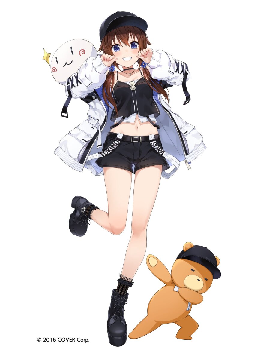 1girl amagai_tarou ankimo_(tokino_sora) bare_shoulders baseball_cap black_choker black_footwear black_hat black_shirt black_shorts blue_eyes boots brown_hair choker crop_top crop_top_overhang grin hair_over_shoulder hands_up hat highres hololive jacket jewelry leg_up long_hair long_sleeves looking_at_viewer low_twintails midriff navel necklace off_shoulder official_art open_clothes open_jacket shirt short_shorts shorts simple_background sleeveless sleeveless_shirt smile socks solo spaghetti_strap stomach thighs tokino_sora tokino_sora_(streetwear) twintails undershirt virtual_youtuber white_background white_jacket