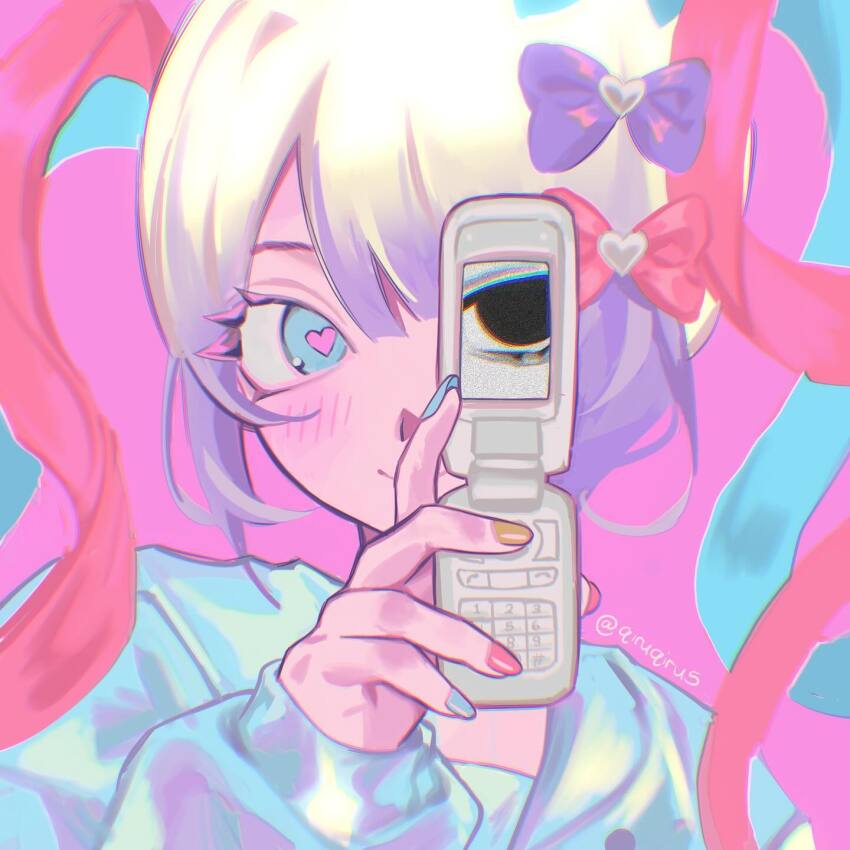 1girl ame-chan_(needy_girl_overdose) black_eyes blonde_hair blue_eyes blue_hair blue_nails bow cellphone chouzetsusaikawa_tenshi-chan closed_mouth commentary english_commentary flip_phone hair_bow hand_up heart heart-shaped_pupils highres holding holding_phone long_hair long_sleeves looking_at_viewer multicolored_hair multicolored_nails nail_polish needy_girl_overdose phone pink_background pink_bow pink_hair pink_nails portrait purple_bow qiruqiru5 quad_tails revealing_layer sailor_collar smile solo symbol-shaped_pupils yellow_nails