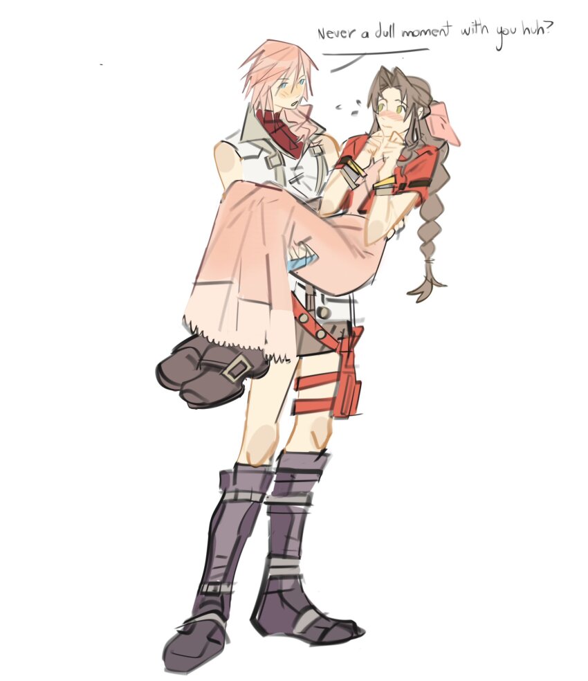 2girls aerith_gainsborough aqua_eyes bare_shoulders blush boots braid braided_ponytail brown_footwear brown_hair carrying cropped_jacket dress final_fantasy final_fantasy_vii final_fantasy_vii_rebirth final_fantasy_vii_remake final_fantasy_xiii fingerless_gloves full_body gloves green_eyes grey_footwear hair_between_eyes hair_ribbon highres jacket lightning_farron long_dress mmmckayyy multiple_girls parted_bangs pink_dress pink_hair pink_ribbon princess_carry red_jacket red_sweater ribbon short_sleeves sidelocks single_braid sleeveless sleeveless_turtleneck spiked_hair sweater turtleneck wavy_hair white_background yuri