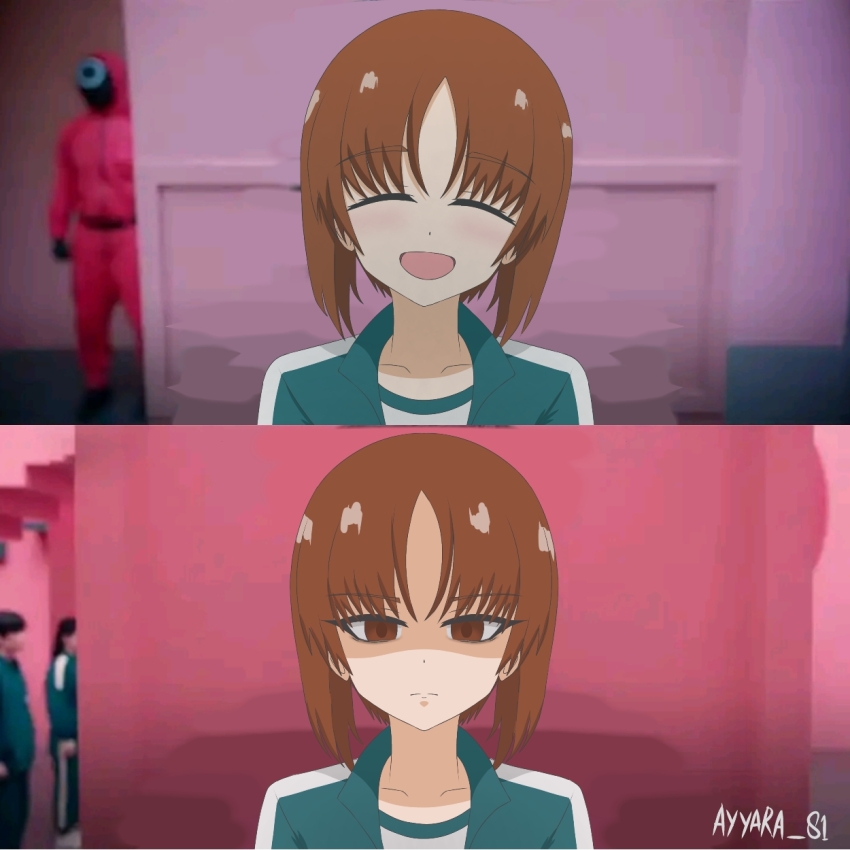 alternate_costume angry brown_eyes brown_hair closed_eyes girls_und_panzer green_track_suit happy highres meme nishizumi_miho parody pink_background short_hair signature squid_game track_suit user_udmg4433 year_1_&amp;_year_2_(squid_game)_(meme)