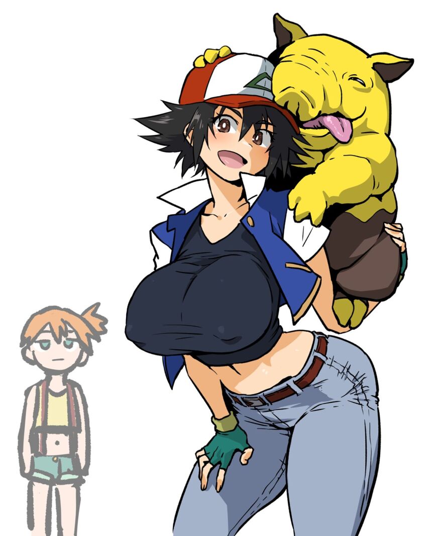 2girls ash_ketchum belt breasts creatures_(company) crop_top drowzee fingerless_gloves game_freak gen_1_pokemon genderswap gloves hat henriiku_(ahemaru) highres large_breasts misty_(pokemon) multiple_girls nintendo nipples_visible_through_shirt pokemon pokemon_(anime) pokemon_(classic_anime) pokemon_(creature)